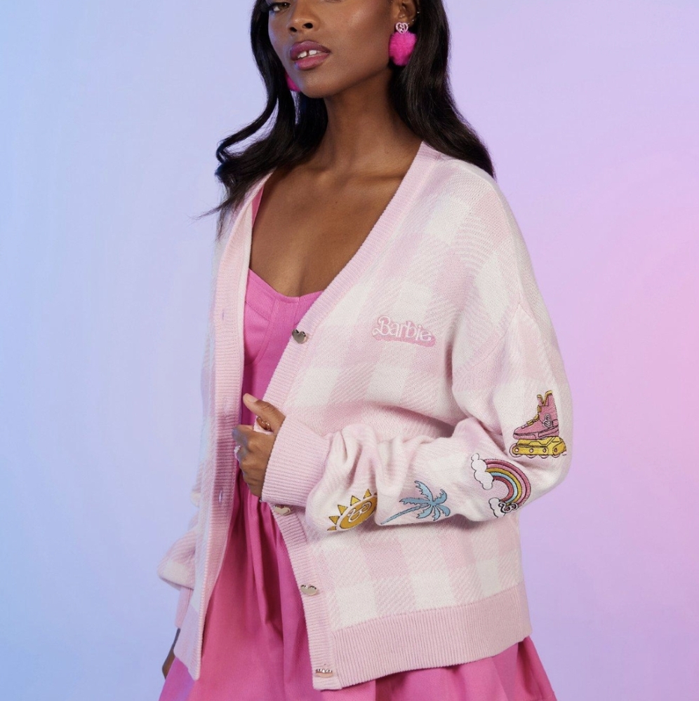 Barbie Patchwork Embroidered Pink & White Plaid Cardigan size Large Oversized